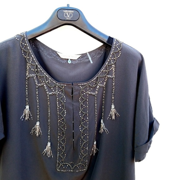 Rebecca Taylor Tops - Rebecca Taylor Charcoal Beaded Silk Top